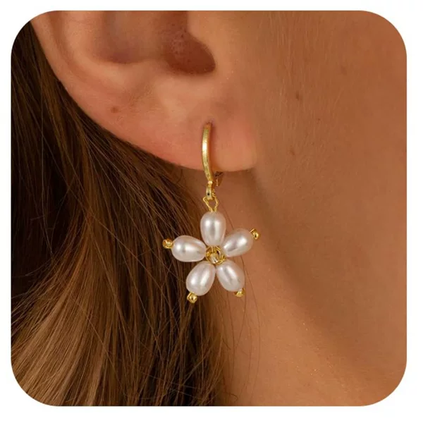 European and American Cross-Border Hot-Selling Brass Real Gold Electroplating Fashionable Imitation Pearl Flower-Shaped Pendant Earrings Women's Earrings