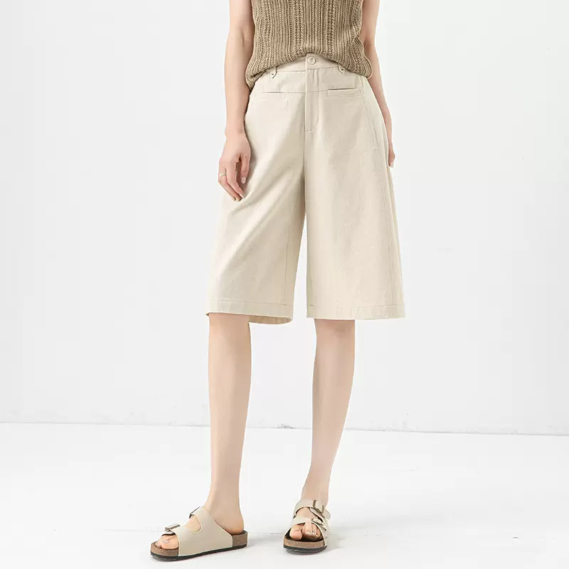 鑫阁麻本色休闲阔腿六分裤女夏季薄款松紧高腰显瘦老钱风亚麻短裤