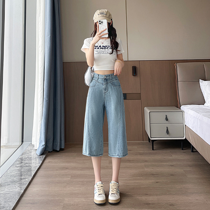 小个子2025浅蓝直筒牛仔裤女夏季新款高腰宽松休闲百搭七分裤|undefined