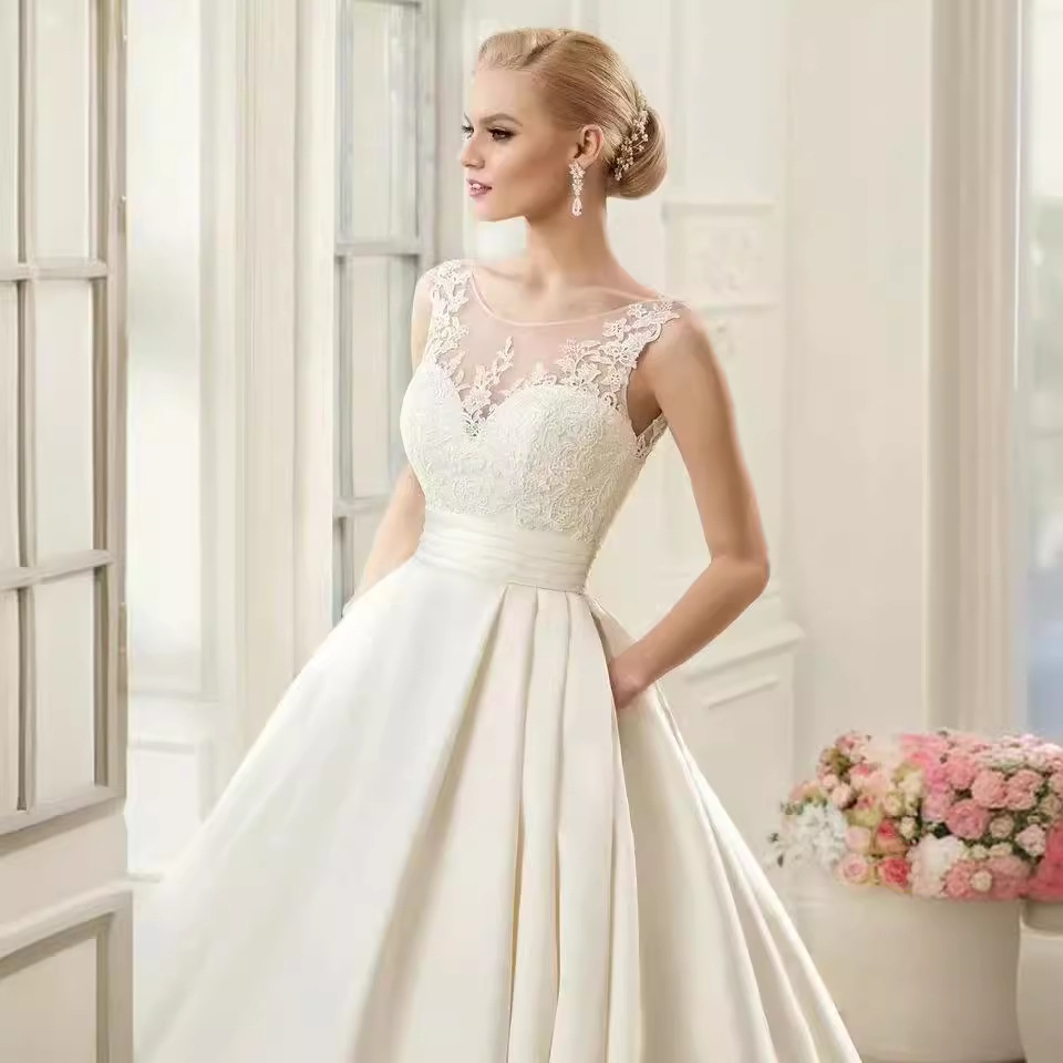 Europa y América del comercio exterior Amazon AliExpress deseo estación independiente nuevo encaje cuello redondo largo arrastre temperamento vestido de novia