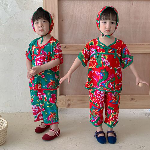 Children's Northeast large floral cloth baby clothes baby short-sleeved pajamas suit summer thin cotton silk Tang suit for boys and girls