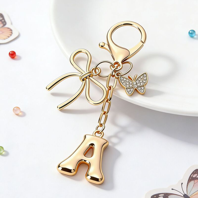 European and American Style 26-Letter Initial Keychain with Rhinestones, Fashionable Love English Metal Bow Bag Accessory