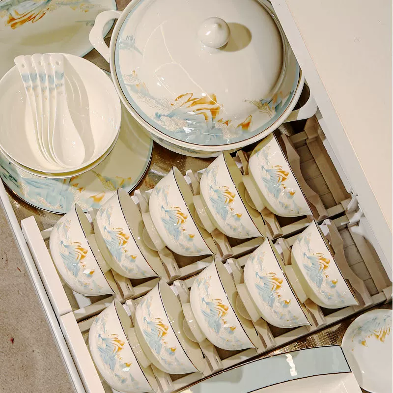 Ceramic tableware, set, gift box, Chinese style, hand painting, full set