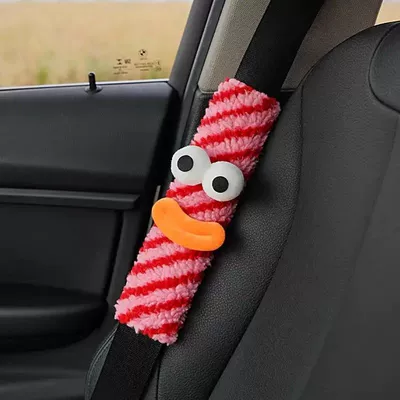 Prevent Strangulation, Seat belt shoulder pad - red-and-pink-striped-safety-belt-shoulder-protector-big-mouth-and-eyes-style