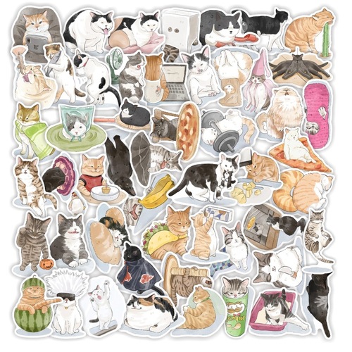 50 cartoon hand-drawn cute cat stickers for notebooks, water-resistant luggage, stationery, guitars, and books