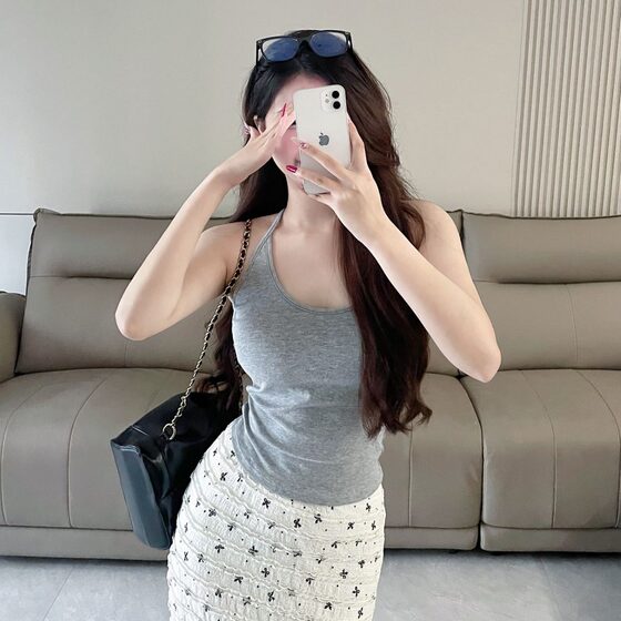 New American Style Sweet and Hot Back Beautiful Hong Kong Style Small Sling with Chest Pad Base Vest Women's Summer Neck Top