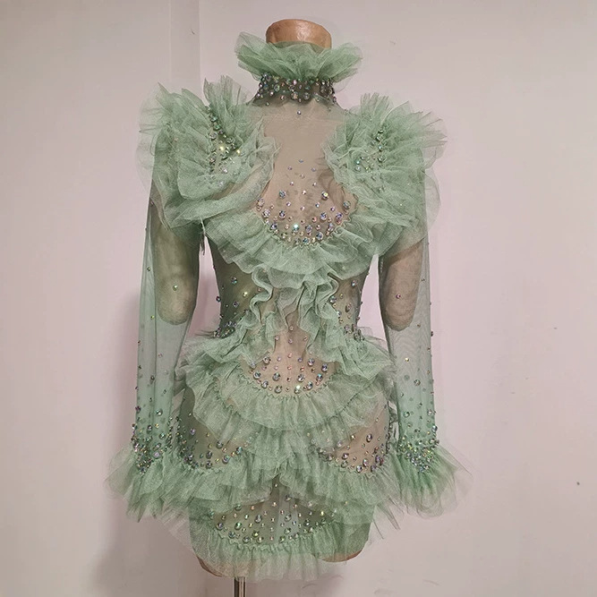 Cross-Border European and American Mesh Rhinestone Women's Birthday Party Dress Long-Sleeved See-Through Green Sexy Prom Performance Outfit Cross-Border European and American Mesh Rhinestone Women's Birthday Party Dress Long-Sleeved See-Through Green Sexy Prom Performance Outfit