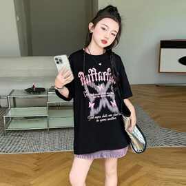 女童t恤短袖2025新款蝴蝶印花夏装儿童衣服上衣夏季白色女大童装