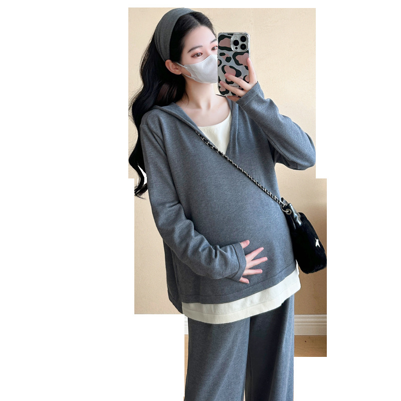 孕妇春装2025新款长袖假两件上衣裤子两件套春秋季套装孕妈高级感|undefined