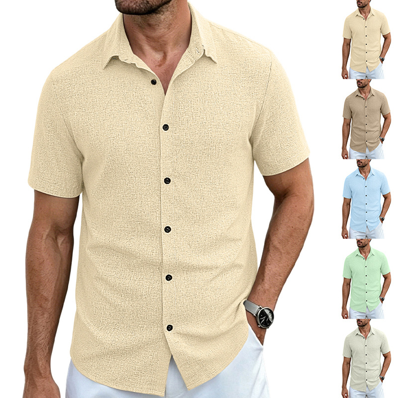 Amazon hombre imitación de cáñamo transpirable de mangas cortas de negocios casual solapa de secado rápido de verano blusa delgada TK camisa transfronteriza