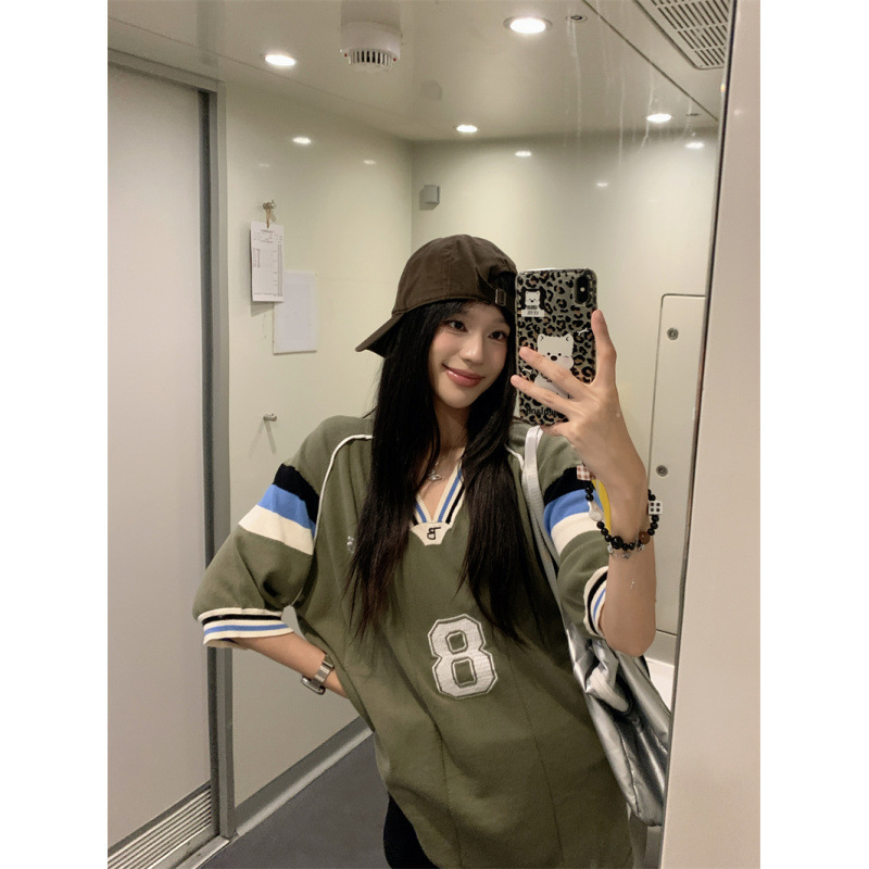 Real Photos, Real Price: Summer American Retro V-Neck Knitted Half-Sleeve T-Shirt for Women, Loose Jersey-Style Short-Sleeve Top