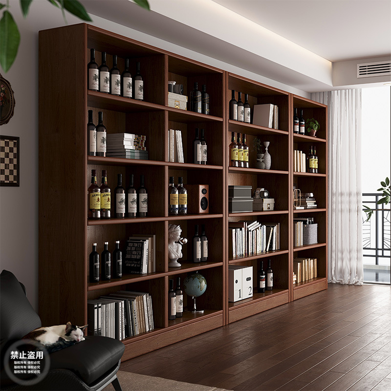 All Solid Wood Home Bookshelf Walnut Color Whole Wall Integrated Floor-Standing Storage Rack Wall-Mounted Living Room Storage Combination Bookcase