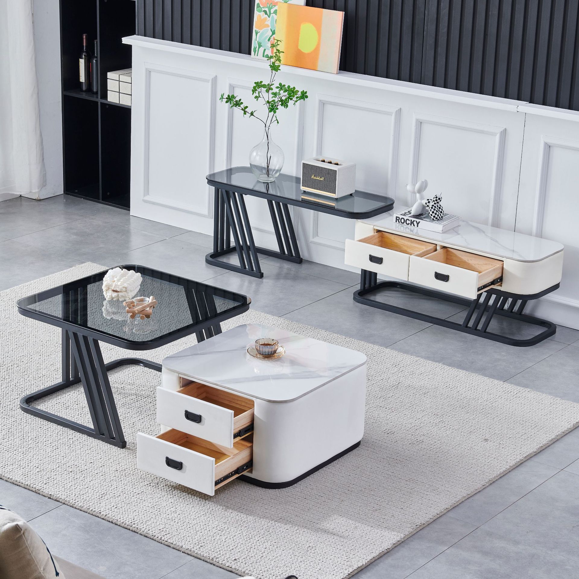 Juego de mesa de centro y mueble para TV de pizarra para uso doméstico en salas de estar pequeñas, apartamento tapizado, estilo minimalista italiano, almacenamiento cuadrado extensible. image 3