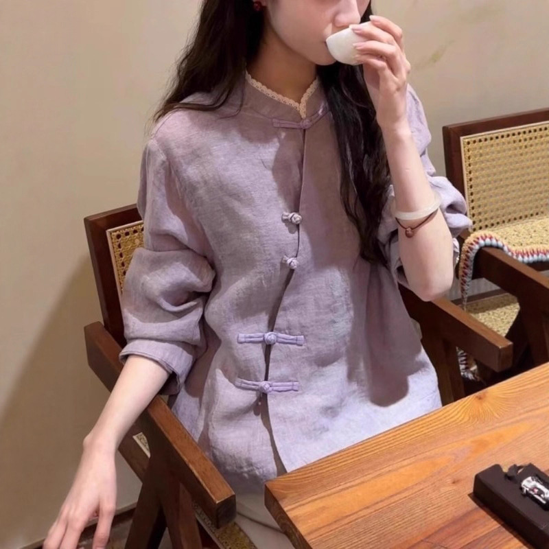 春秋新中式轻国风香芋紫盘扣立领衬衫小众不撞款文艺长袖上衣