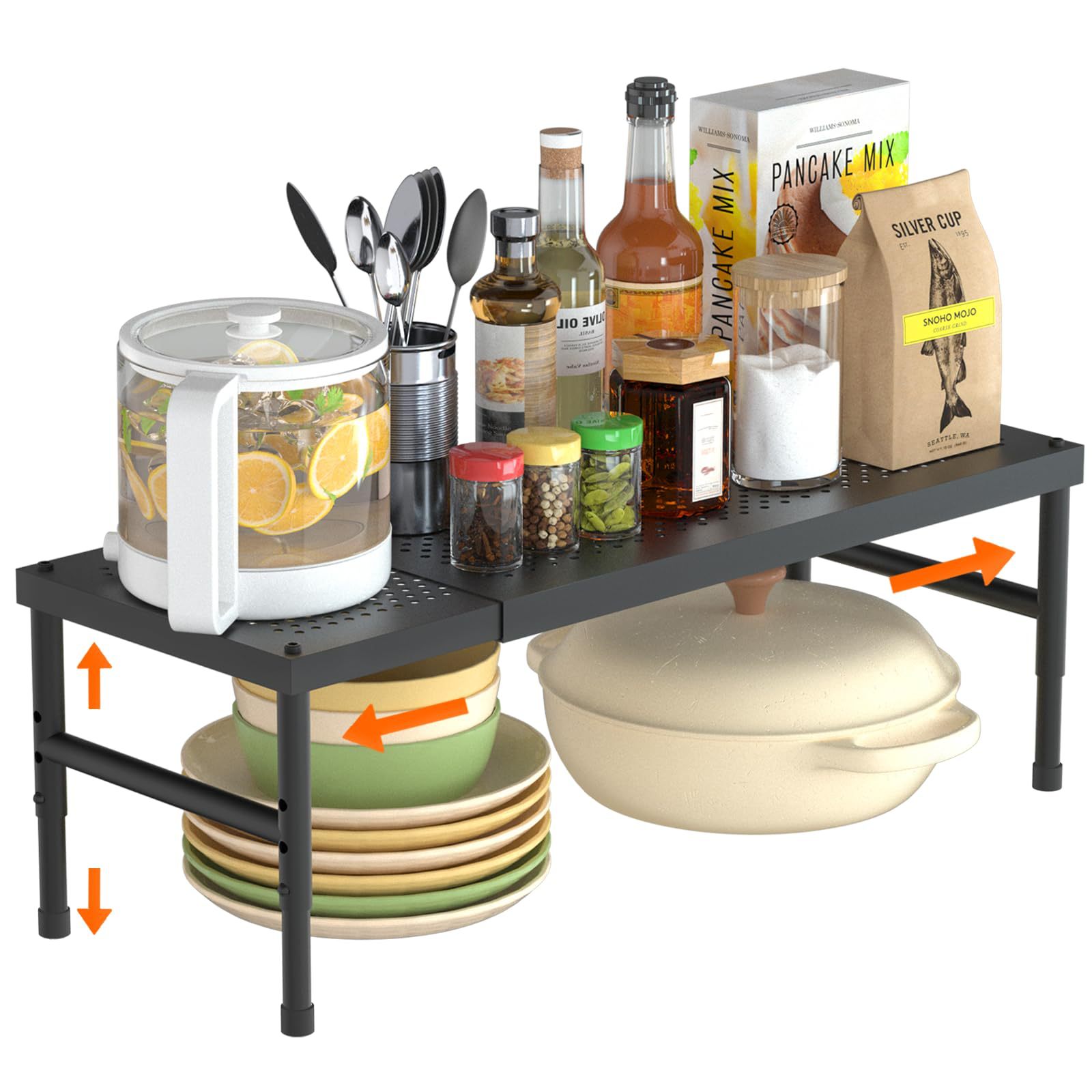 Expandable and Stackable Kitchen Storage Rack, Heavy-Duty Metal Spice Rack and Countertop Shelf, Suitable for Cabinets