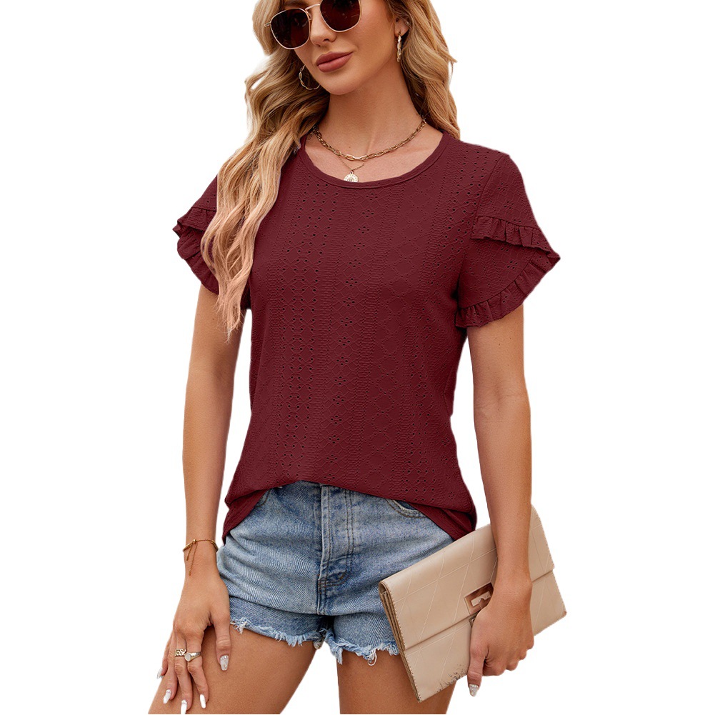 Amazon Comercio exterior transfronterizo europeo y americano 2024 verano nuevo color sólido cuello redondo pétalo manga corta Camiseta Top ropa de mujer