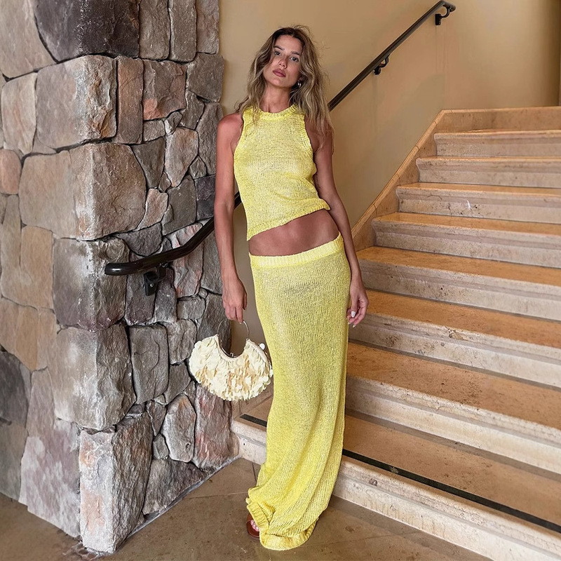 2025 European and American Sexy Transparent Sleeveless Shiny Suspender Long Skirt Two-Piece Fashion Elastic Beach Dress