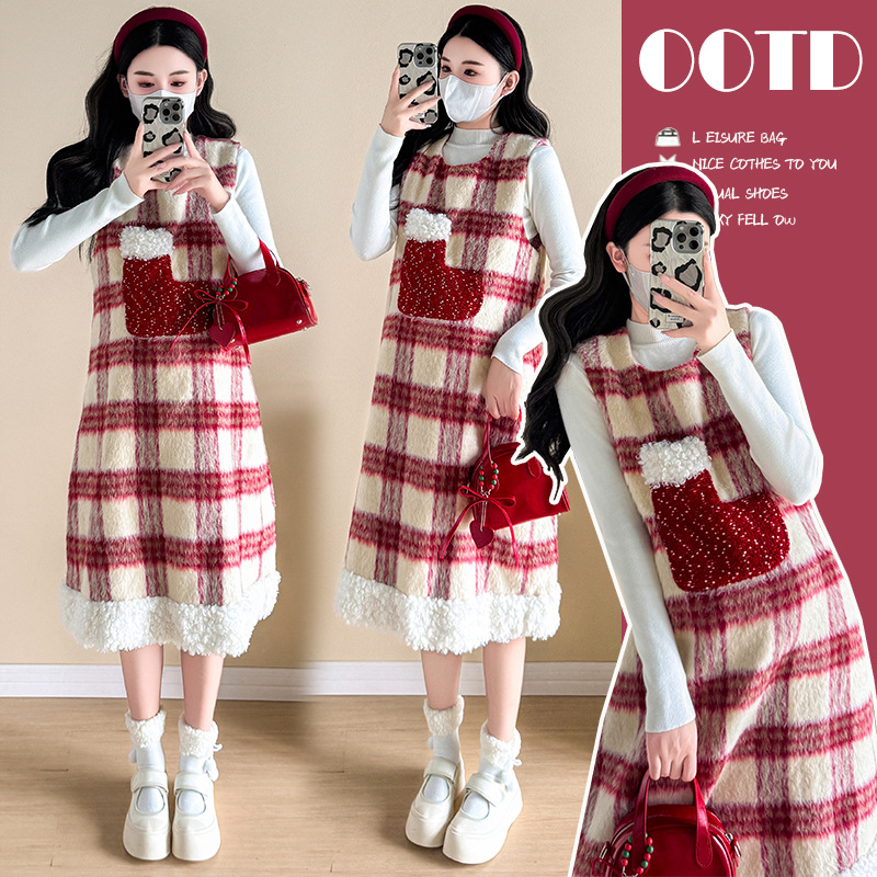 임산부복 가을 겨울 신상품 크리스마스 레드 플레드 울 임산부 조끼 스커트 니트 바텀 셔츠 달콤한 투피스 슈트