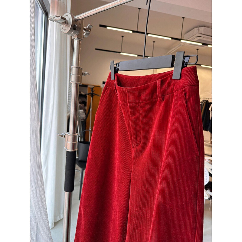 Highly Recommended! Vintage Red Corduroy Wide-Leg Pants for Women, Autumn and Winter Straight High-End Slimming Casual Long Pants