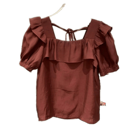 European-style Tencel chiffon blouse for women, V-neck tie-up top, summer new design with ruffled edges—stylish and chic petite shirt.