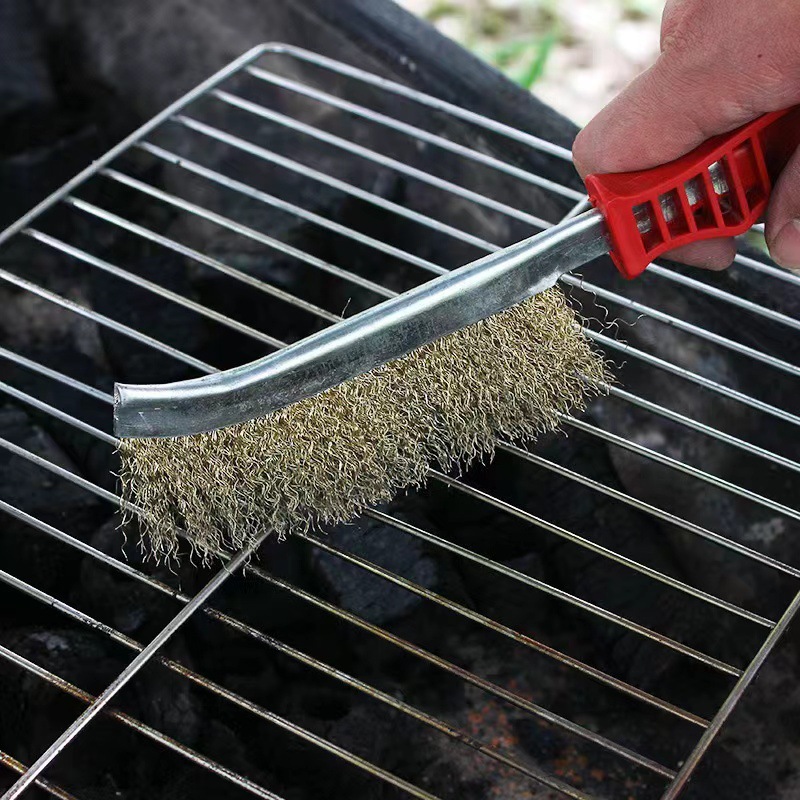 ワイヤーブラシ銅メッキワイヤーナイフ型ブラシプラスチック柄クリーニング工業除錆バーベキューステンレス鋼ナイフ型ワイヤーブラシ|undefined