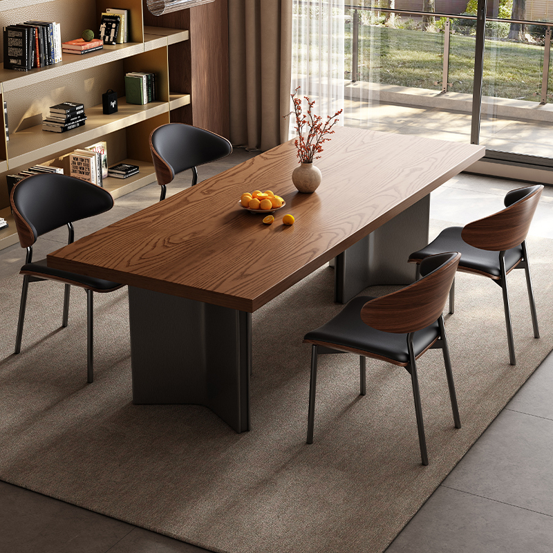 Medieval-Style Solid Wood Dining Table and Chair Set for Home Use, Retro-Style Walnut-Colored Rectangular Dining Table, All Solid Wood