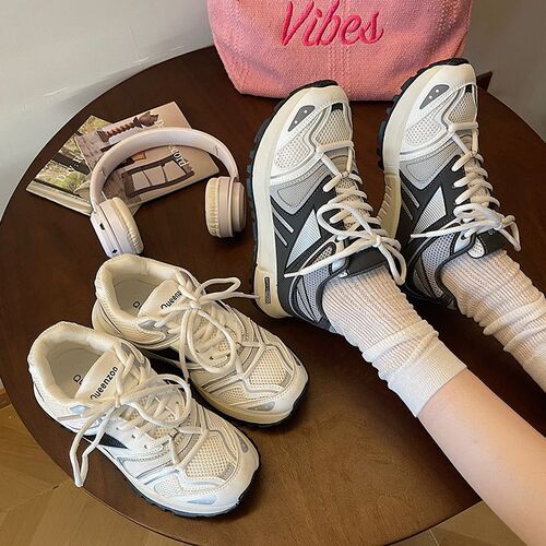 Breathable thick-soled Korean mesh lightweight sports shoes for women  new summer versatile height-increasing white shoes