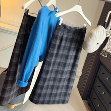 格子开叉半身裙女秋冬2025新款修身加绒加厚毛呢中长款直筒包臀裙