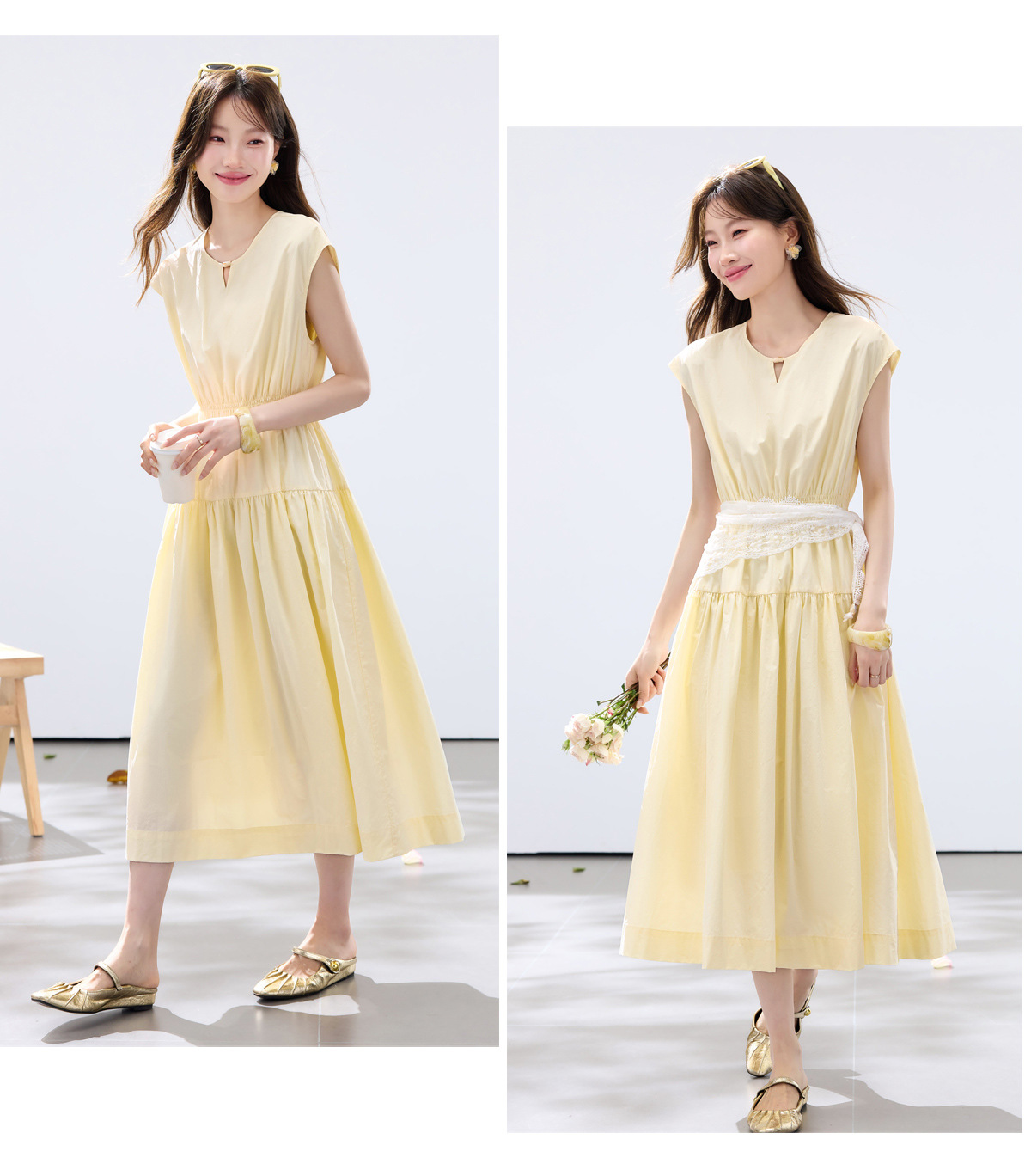Đầm suông midi tay ngắn A chữ, kèm khăn choàng ren, dáng suông che khuyết điểm — màu trắng, màu vàng chi tiết 22