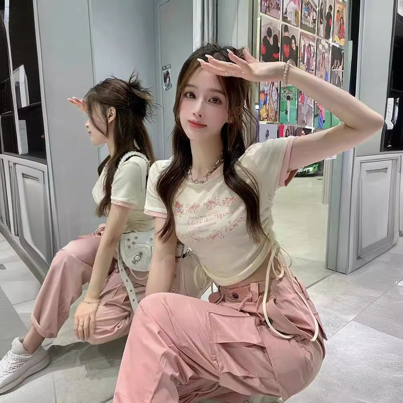 Rib Sweet and Spicy Style Navel-exposed Short-sleeved T-shirt Women's Summer Niche Design Sense Drawstring Slim-fit Slimming Short Top Ins