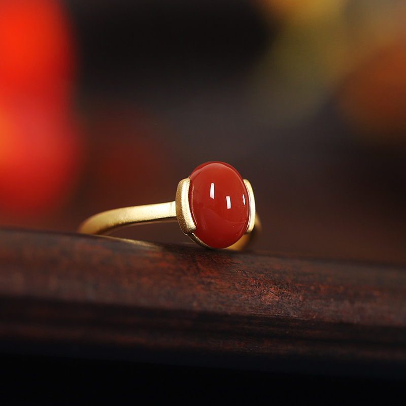 Yuexin s925 pure silver ring guide red agate fashion ladies jewelry gold-plated Oval egg surface cross-border accessories jewelry