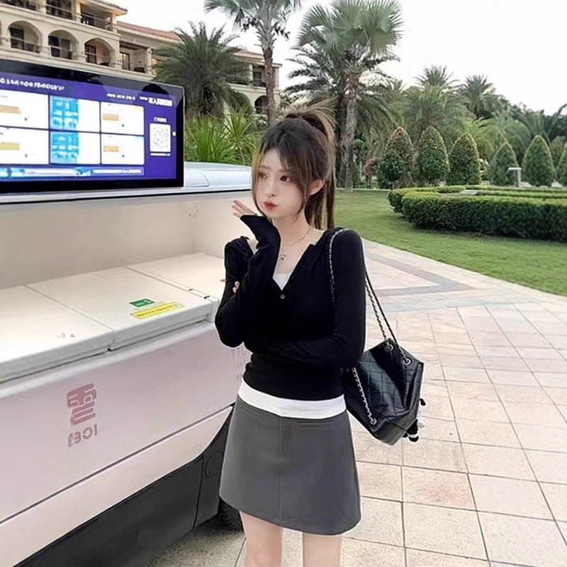 假两件修身连帽长袖t恤女春秋季设计感漂亮小衫独特别致正肩上衣|undefined