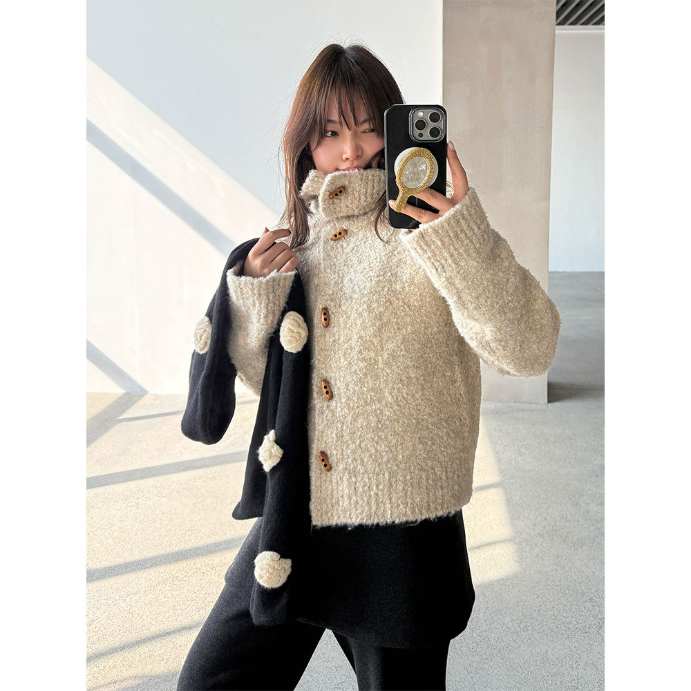 【王琪芝】复古软糯羊毛毛衣外套女冬时尚高领显瘦针织开衫WQ116