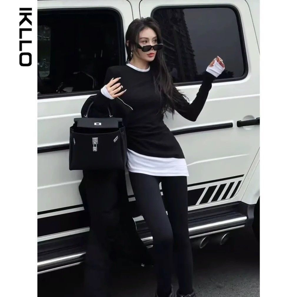 假两件磨毛内搭打底衫女秋冬新款小个子中长款搭配鲨鱼裤衣