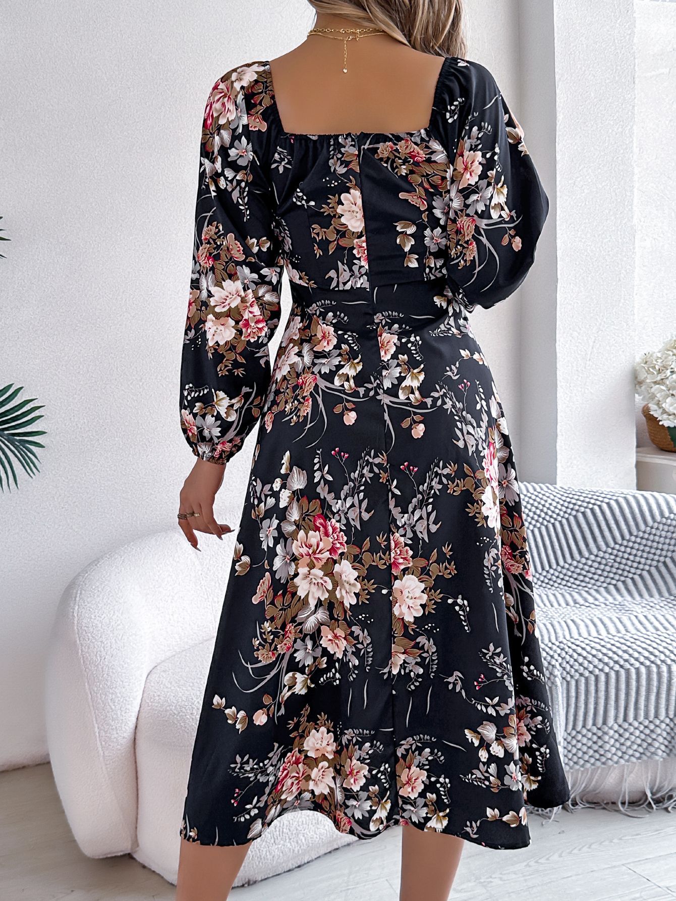Spring Summer Sexy Lace up Knot Floral Long Sleeve Split Dress Women Clothing 8 Spring Summer Sexy Lace up Knot Floral Long Sleeve Split Dress Women Clothing