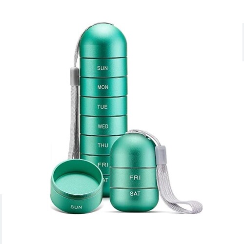 Metal portable pill box for one-week travel in Japan. Convenient sealed small medicine bottle storage portable medicine box for elderly people traveling in Japan.