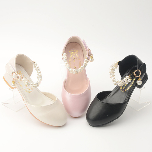 Spring and autumn new style sparkling diamond pearl girls high-heeled princess shoes Korean version student white performance leather shoes children's shoes