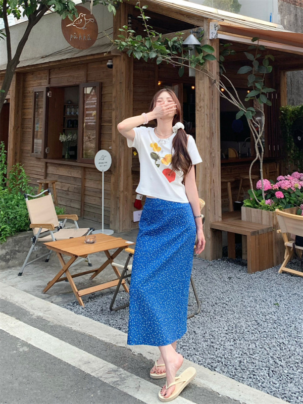 度假风韩系套装女夏季2025新款白色印花T恤高腰碎花半身裙两件套|undefined