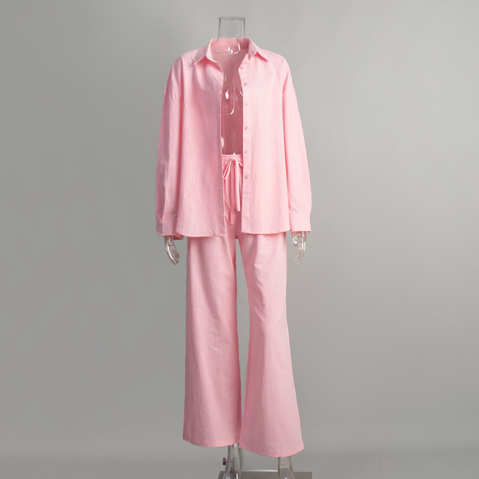 Bộ áo sơ mi dài tay rộng rãi kèm quần dài cotton phong cách thường ngày — Màu trắng nhạt, hồng, màu cà phê, màu trắng chi tiết 11