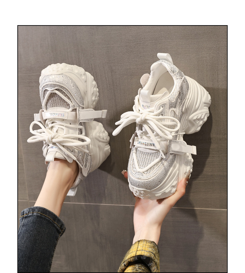 Giày sneaker nữ đế dày tăng chiều cao đính đá lưới thoáng khí — màu trắng chi tiết 14