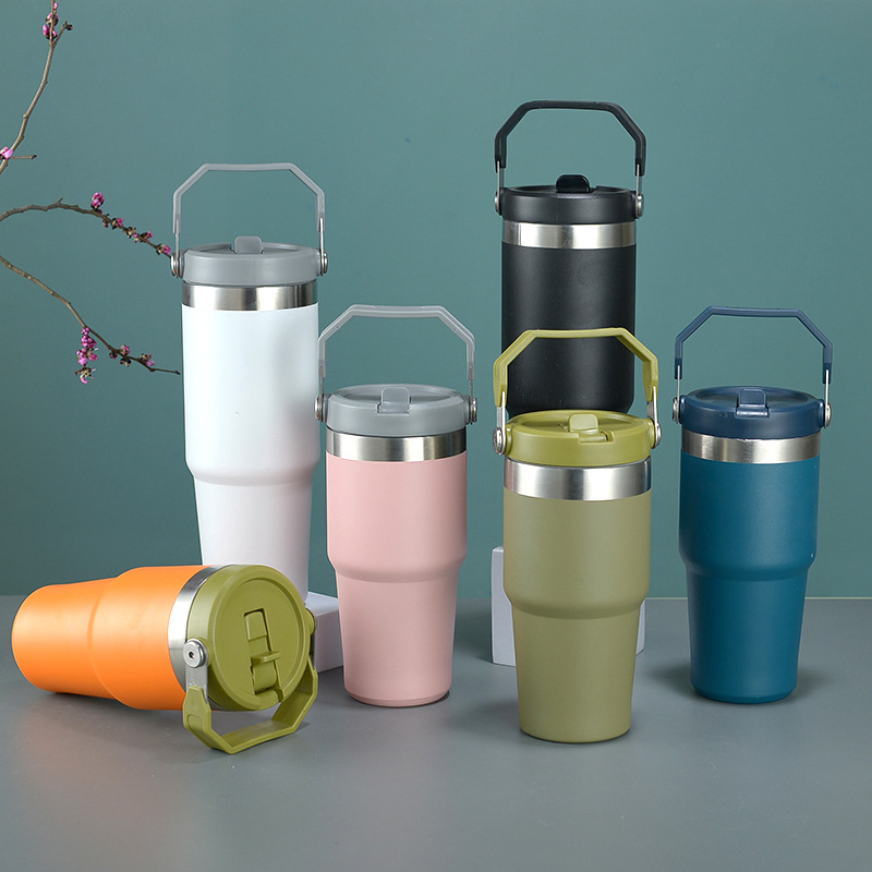 外贸304不锈钢保温杯双层真空大容量水杯30oz提手冰霸杯