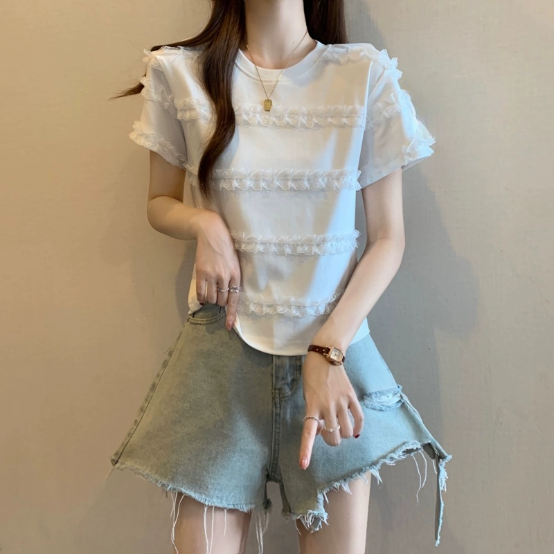Женская футболка с короткими рукавами и кружевными вставками, лето 2025, большой размер, сексуальный короткий топ, шикарная рубашка