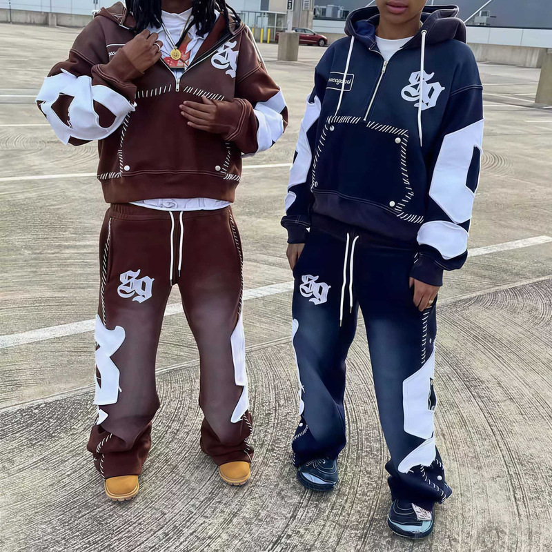 Cross-Border European and American Style Vintage Streetwear Embroidered Casual Double-Waistband Straight-Leg Pants Half-Zip Hoodie Sweatshirt