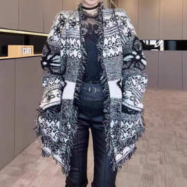 2025外贸跨境秋冬新款美式复古苏流提花宽松慵懒风针织开衫毛衣女