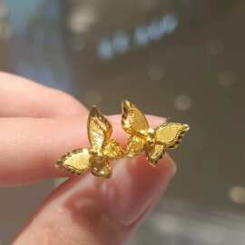 新中式镜花蝶梦爆闪双层蝴蝶耳钉女金色精致小巧耳环气质高级耳饰