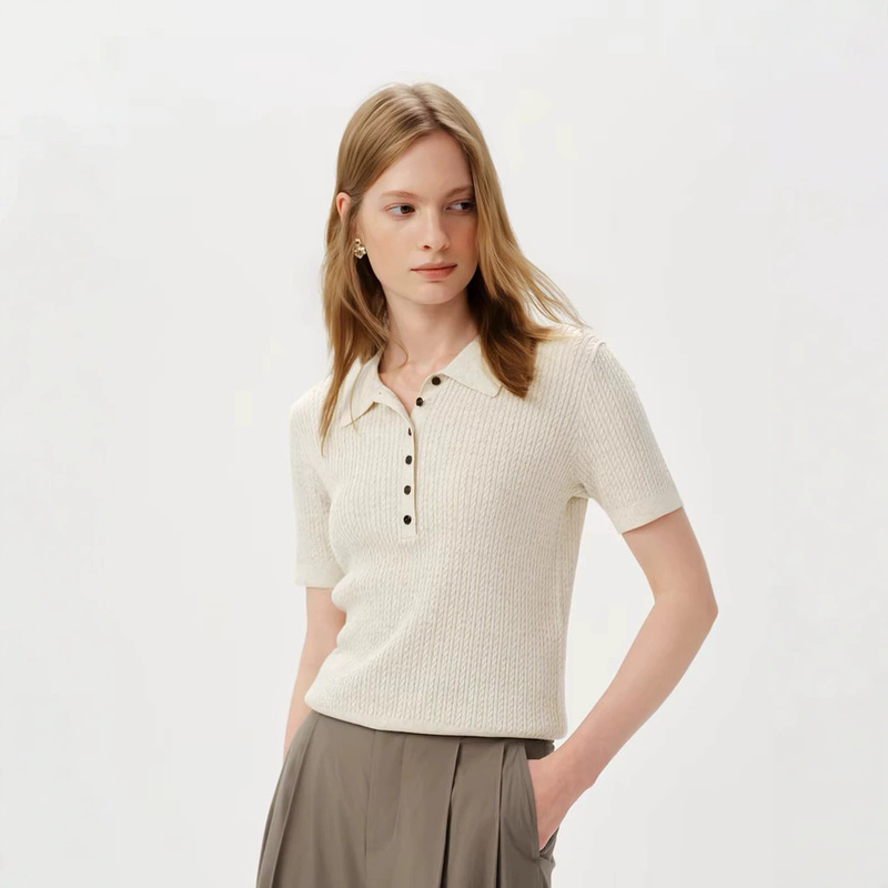 MM Maimeng Women's Linen Knit Shirt, Short Sleeve, POLO Collar, Cable Knit Design, Blended Fabric, New Summer Top, Lightweight Summer Style