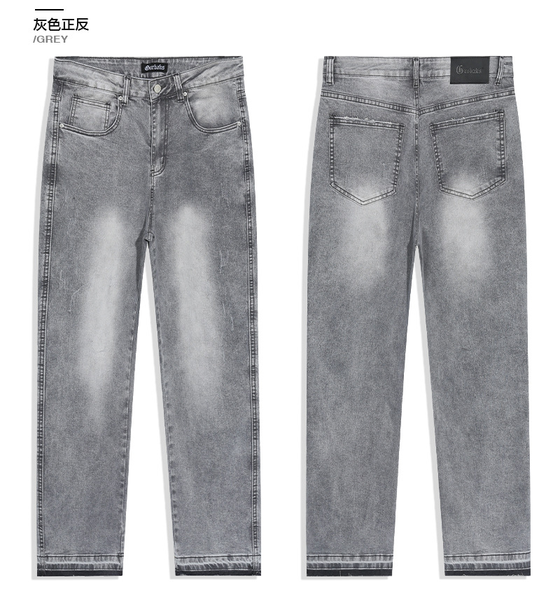 2023 Spring/Summer new solid-color jeans for men, washed light gray distressed pants with frayed edges, American straight-leg pants pic 20