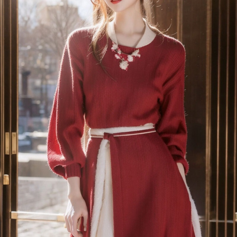 Shenzhen Nanyou Woolen Dress Women's Autumn and Winter Mid-length New Chinese Hanfu Improved Cheongsam Chinese New Year Red dress Shenzhen Nanyou Woolen Dress Women's Autumn and Winter Mid-length New Chinese Hanfu Improved Cheongsam Chinese New Year Red dress