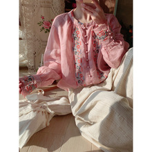 原创复古民族风绣花长袖苎麻衬衫灯笼袖森女刺绣棉麻上衣女春装