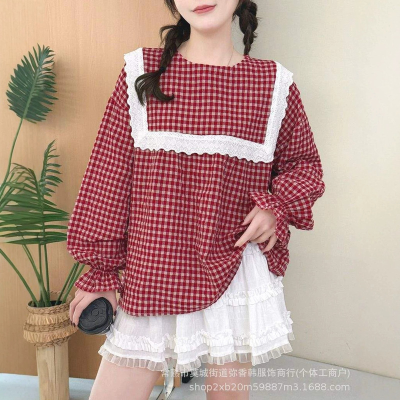 544 Korean-style women's lace doll shirt, autumn fashion stylish plaid blouse, long-sleeved round-neck shirt, plus size